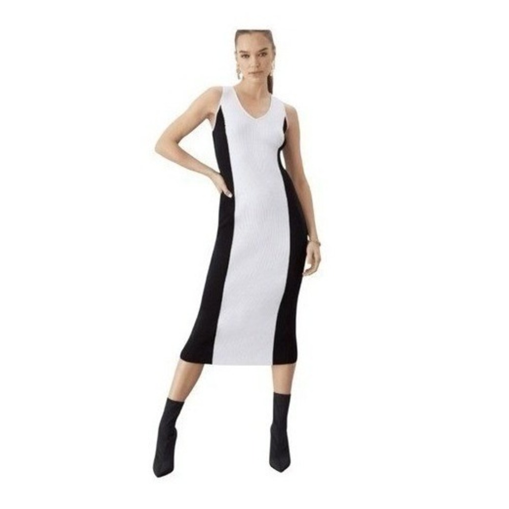 GSTQ Colorblock Sweater V-Neck Midi Dress Black White Knit M‎
